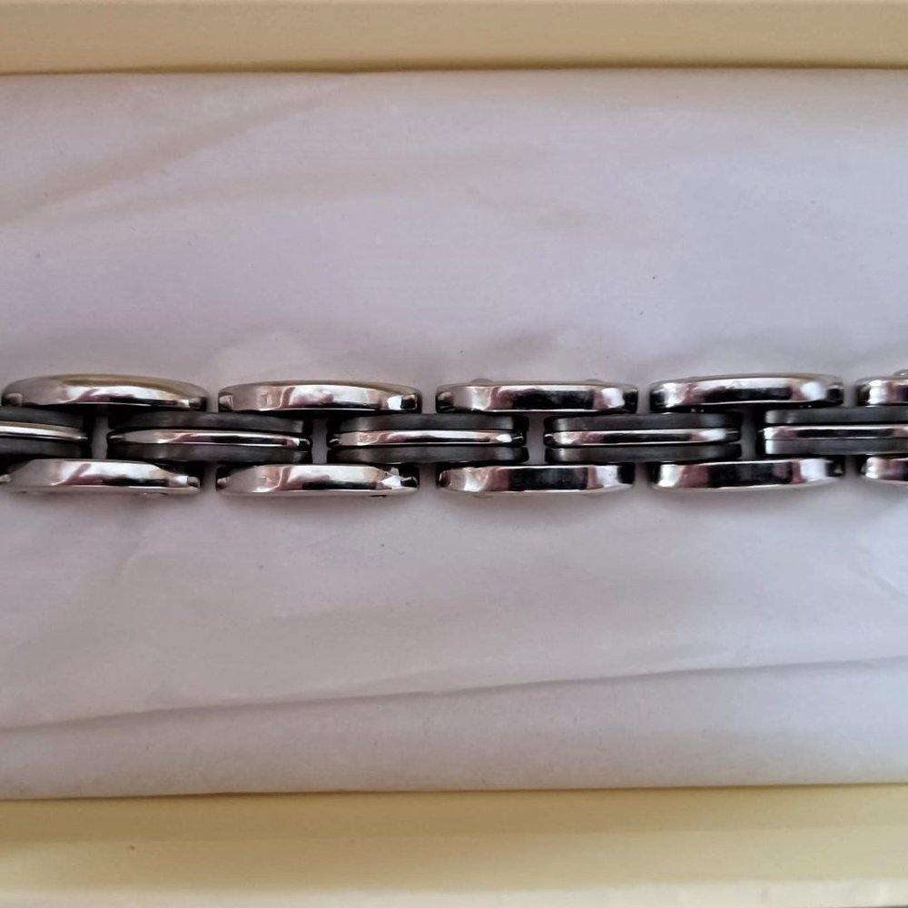 Men's Polished Stainless Steel and Black Rhodium Link Wristband  NIB/WOT